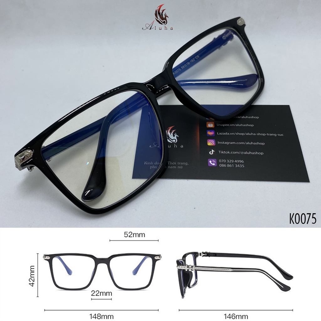 Gọng kính TR90 bọc hợp kim cao cấp chống ánh sáng xanh họa tiết hoa Iris Chrome Heart, size lớn 148mm - K0075 - Aluha