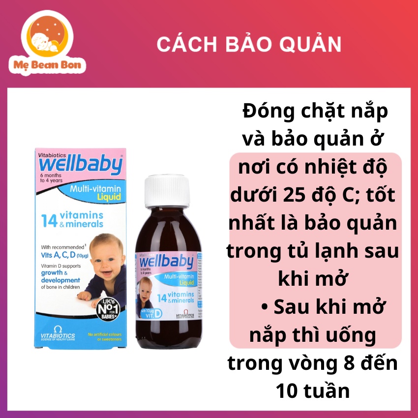 Vitamin WELLBABY INFANT LIQUID 150ml của Anh Quốc cho bé từ 6 tháng đến 4 tuổi hay biếng ăn hấp thụ kém chứa vitamin C