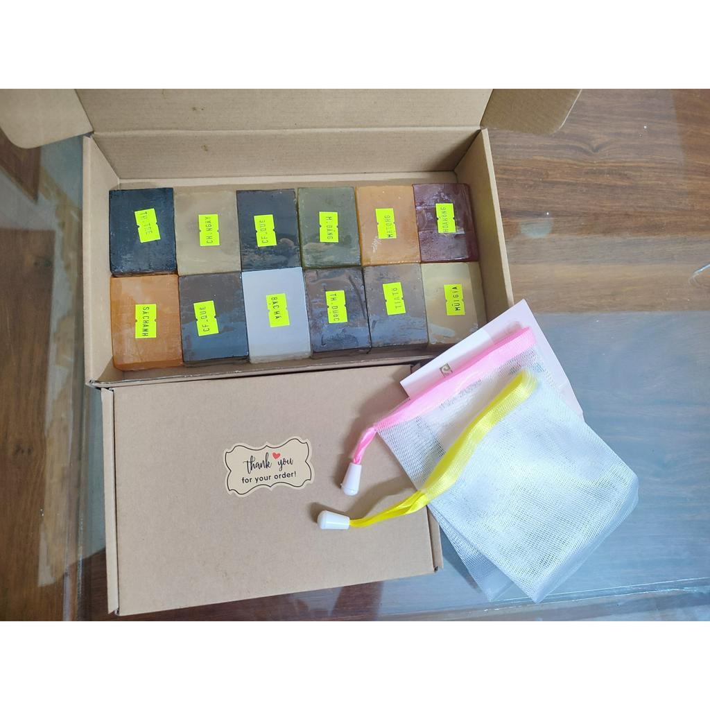 Combo trải nghiệm 10 vị đến 12 vị xà bông htx sinh dược, xà phòng thảo dược 100% thiên nhiên, tặng kèm túi lưới