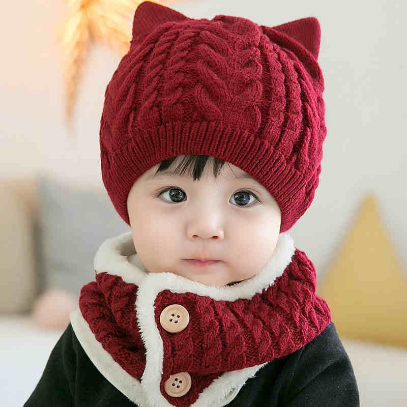 Mũ len tai mèo kèm khăn lót lông 2 lớp dày dặn, giữ ấm cho bé 0-3 tuổi