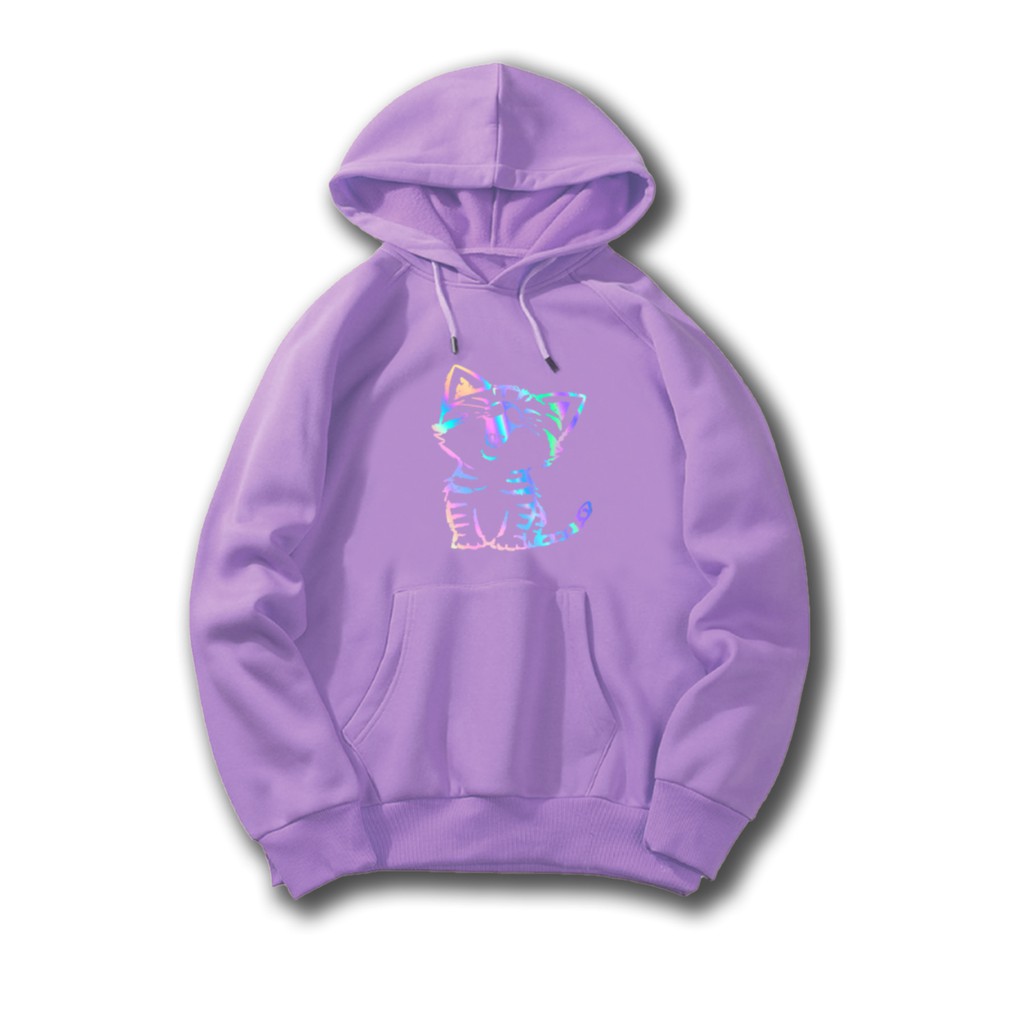 Aó khoác nỉ Hoodie phản quang Mèo cười, Áo khoác nỉ nam nữ họa tiết ngực cá tính - PQ36KN