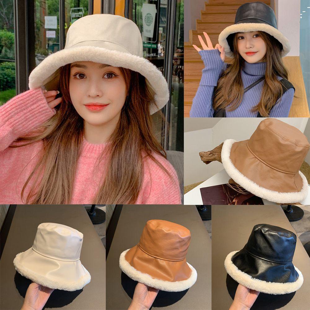 Nón Bucket Chất Liệu Da PU Dày Dặn Ấm Áp