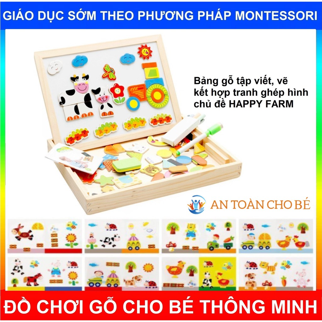 Bảng Happy Farm gỗ tập viết kết hợp tranh ghép hình có nam châm cho bé