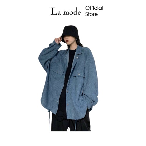 Áo Khoác Sơ Mi Nhung Có Túi Trước Form Rộng Phong Cách Hàn Quốc - La mode