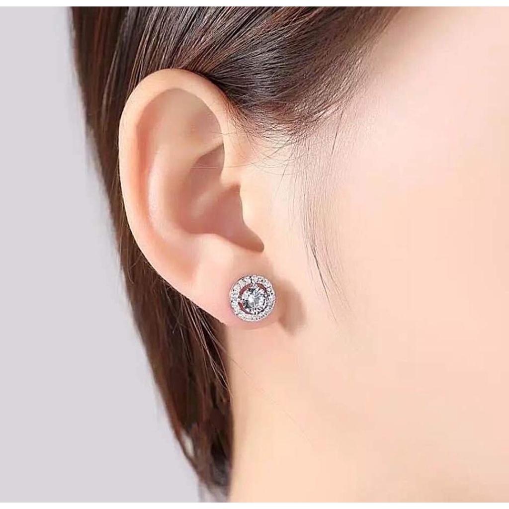 Bông tai bạc Bông tai mặt tròn đính đá lấp lánh Van jewelry bạc 925 V10003