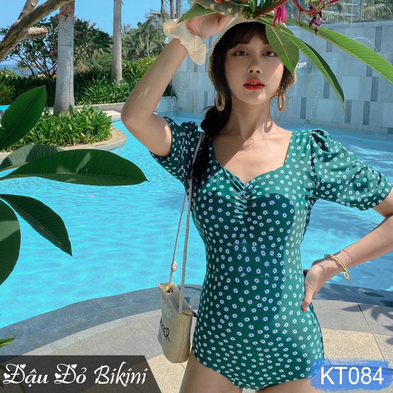 Áo tắm liền thân tay lửng hoa nhí tươi xanh, bikini một mảnh trẻ trung, lưng trần sexy quyến rũ | KT084