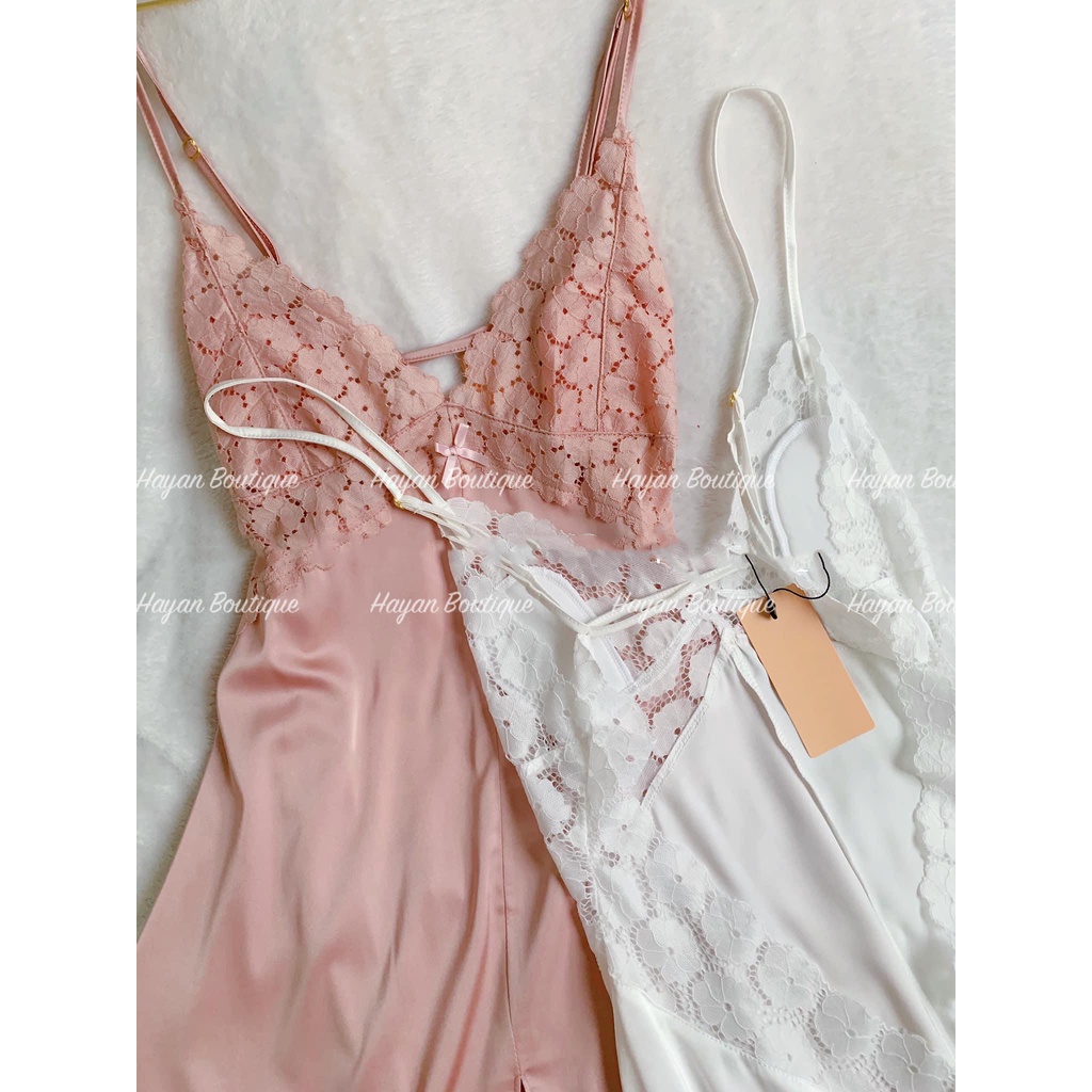 HT40 Váy ngủ sexy lụa phối ren hoa kèm ĐỆM LÓT, đồ ngủ 2 dây quyến rũ gợi cảm HT40