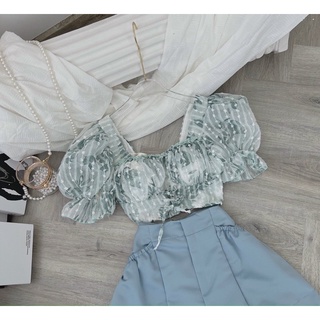 Set croptop hoa cúp ngực đan dây+ short
