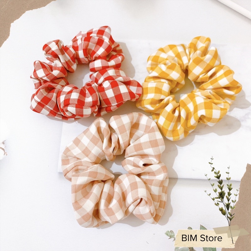 Dây buộc tóc scrunchies sọc caro dễ thương phong cách vintage phom to phồng đẹp vải dày dặn