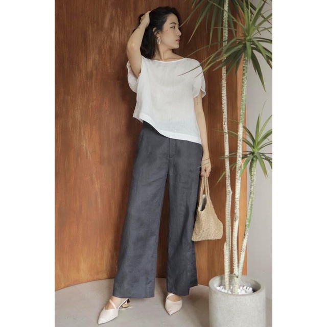 (TỔNG KHO LÂM ANH CHUYÊN SỈ) Set bộ áo tay cánh rơi Linen Tưng Premium kèm quần dài ống rộng (Áo trắng - Quần xám chì)