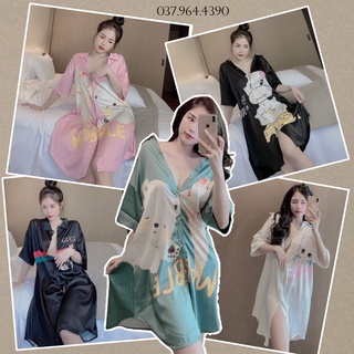 V030 Váy ngủ sơ mi lụa satin form rộng nữ sang chảnh mặc nhà pijama họa tiết Đầm bầu pizama tay ngắn cổ bẻ cài cúc