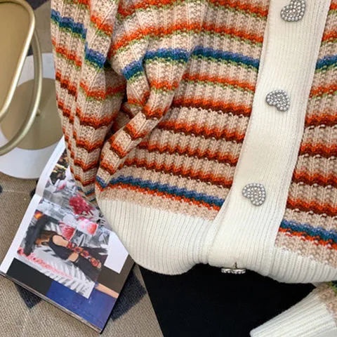 Áo Khoác Cardigan Dệt Kim Kẻ Sọc Cầu Vồng Xinh Xắn Cho Nữ
