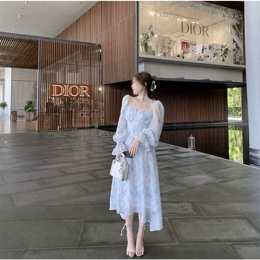 Đầm midi tùng xòe voan hoa xanh tay bồng NÀNG CLOSET
