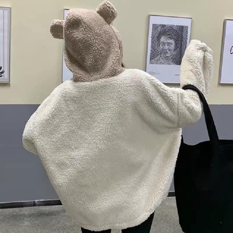 [RẺ VÔ ĐỊCH] Áo khoác nỉ,lông tai gấu phối mũ cúc bấm Một màu Hàn Quốc from thụng Unisex,Áo khoác nữ Ulzzang(ảnh thật)