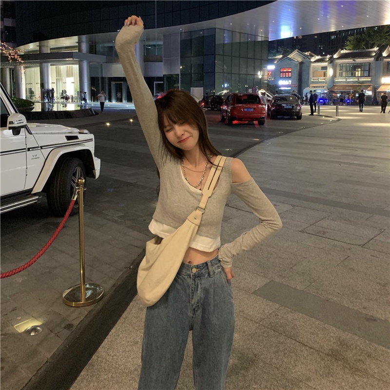 【ZHELIHANGFEI】Áo Thun Tay Dài Giả Hai Lớp Dáng Ôm Hở Eo Phong Cách Quyến Rũ