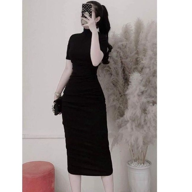 Đầm cổ lọ nhún chất thun gân tay ngắn 2 màu đen - xanh MIDORI247
