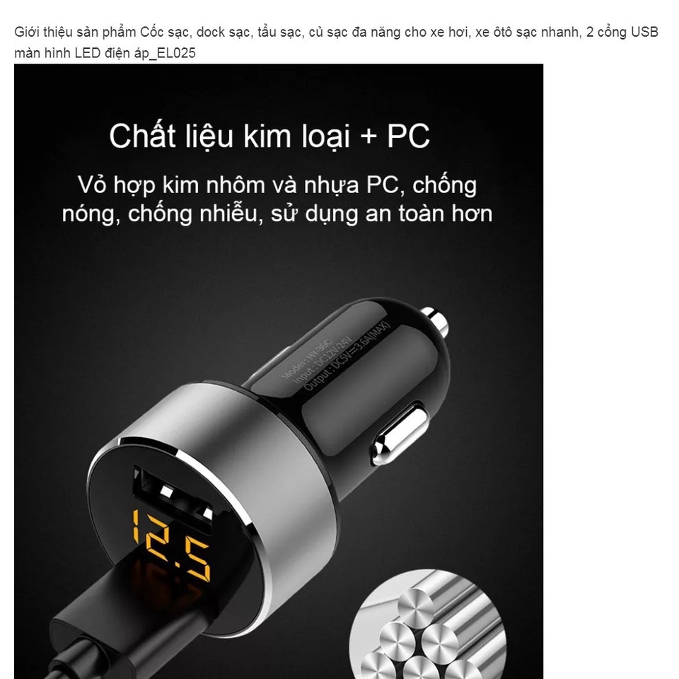 Tẩu sạc trên xe hơi, cốc sạc đa năng SOEASY có cổng cắm tẩu như vison, SH... 2 cổng USB màn hình LED  EL029