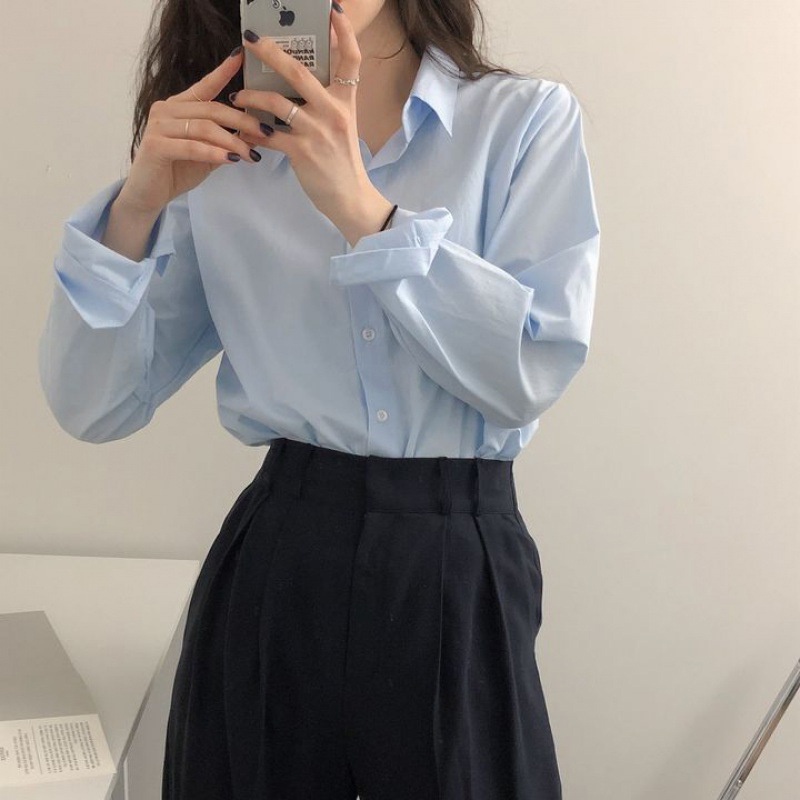 Áo sơ mi polo IELGY tay dài màu trơn phong cách Hàn Quốc thời trang cho nữ