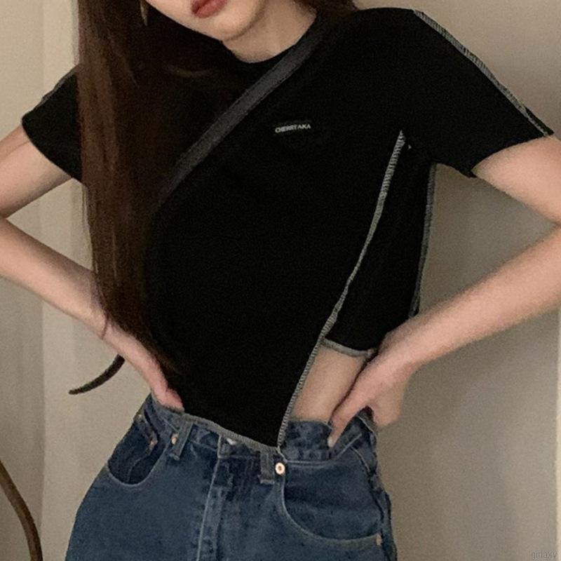 Áo Thun Crop Top Tay Ngắn Cổ Tròn Lệch Tà Kiểu Hàn Quốc Thời Trang Mùa Hè Cho Nữ
