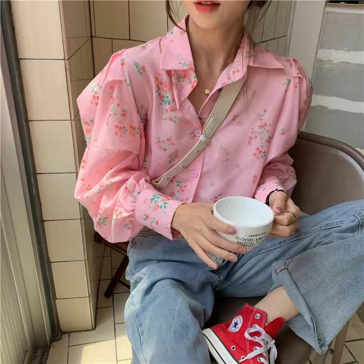 Áo kiểu tay dài cổ bẻ hoạ tiết hoa thiết kế dáng rộng hợp thời trang