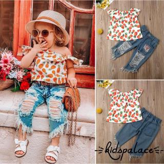 Set áo trễ vai + Quần jeans xinh xắn cho bé gái