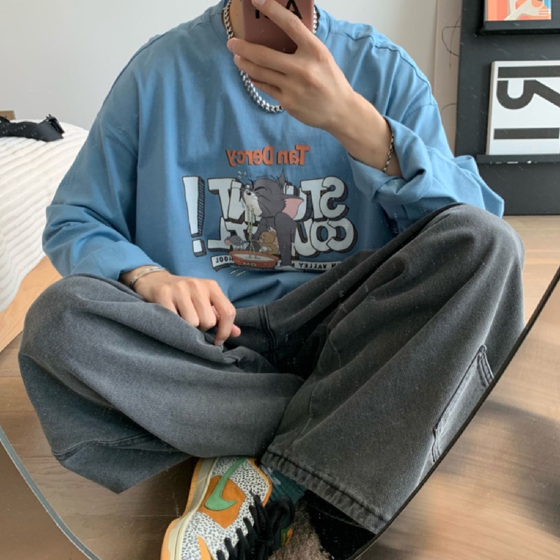 Áo thun tay dài cổ tròn dáng rộng in họa tiết hoạt hình phong cách Hàn Quốc thời trang mùa đông cho nam size M-5XL