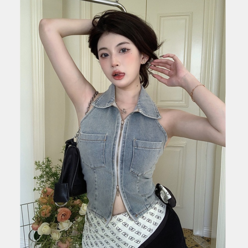 Áo Denim Không Tay Thiết Kế Quyến Rũ Thời Trang