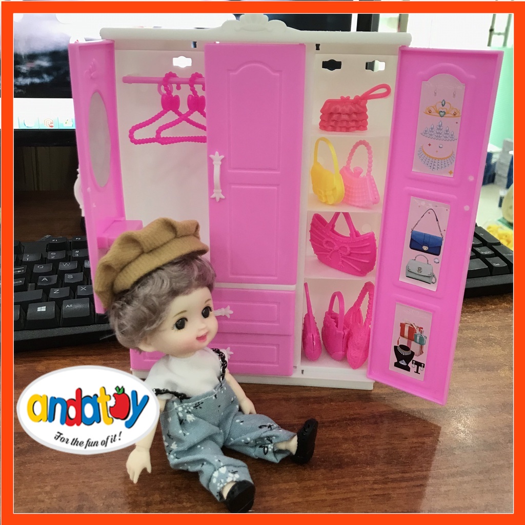 Tủ quần áo cho búp bê barbie kèm phụ kiện túi và móc treo xinh xắn trang trí nhà búp bê ANDATOY AD946