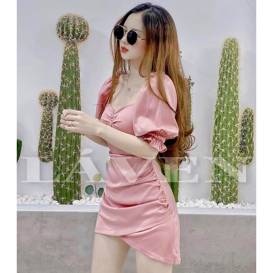 Đầm Ôm Body ĐÍnh Nút Tay Phồng Hở Lưng Siêu Xinh Quyến Rũ Chất Lụa Satin Mềm Mịn ( Có Mút Ngực )