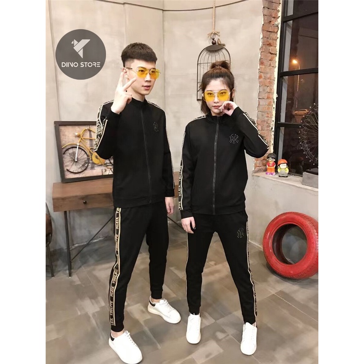 Bộ Thu Đông Nam Nữ Thêu Chữ, Quần Áo Thu Đông Nam Nữ Đen Dài Tay Có Cổ Cao Cấp Hàn Quốc - Dino store