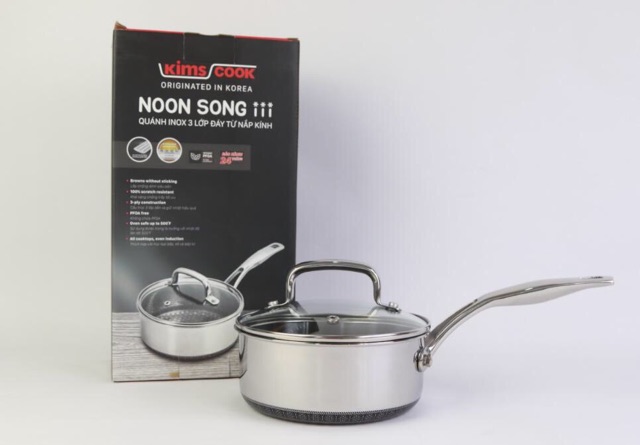 Quánh inox chống dính 2 mặt cao cấp BLACKCUBE KIMS COOK 3 lớp đáy liền nắp kính dòng NOONSONG