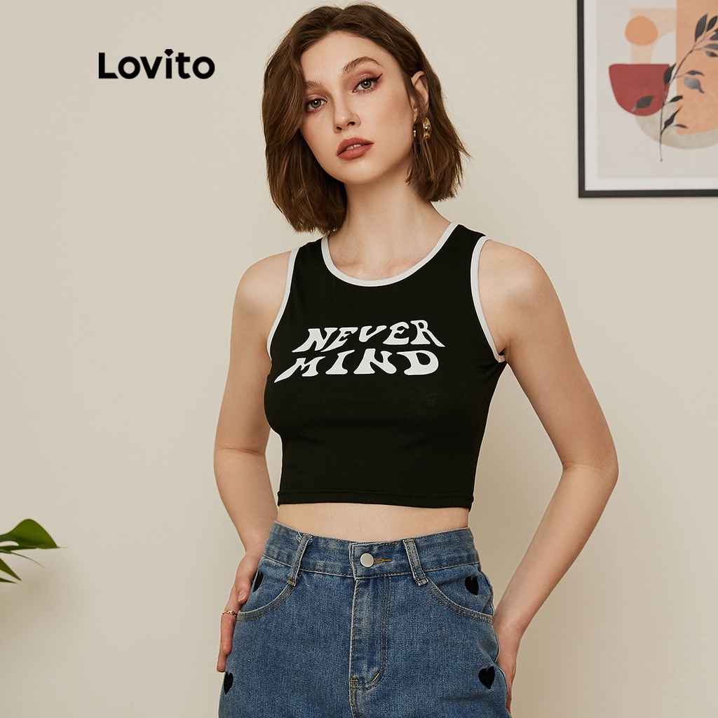 Áo sát nách Lovito dáng ngắn phối viền tương phản in chữ phong cách Preppy L19D018 (màu đen)