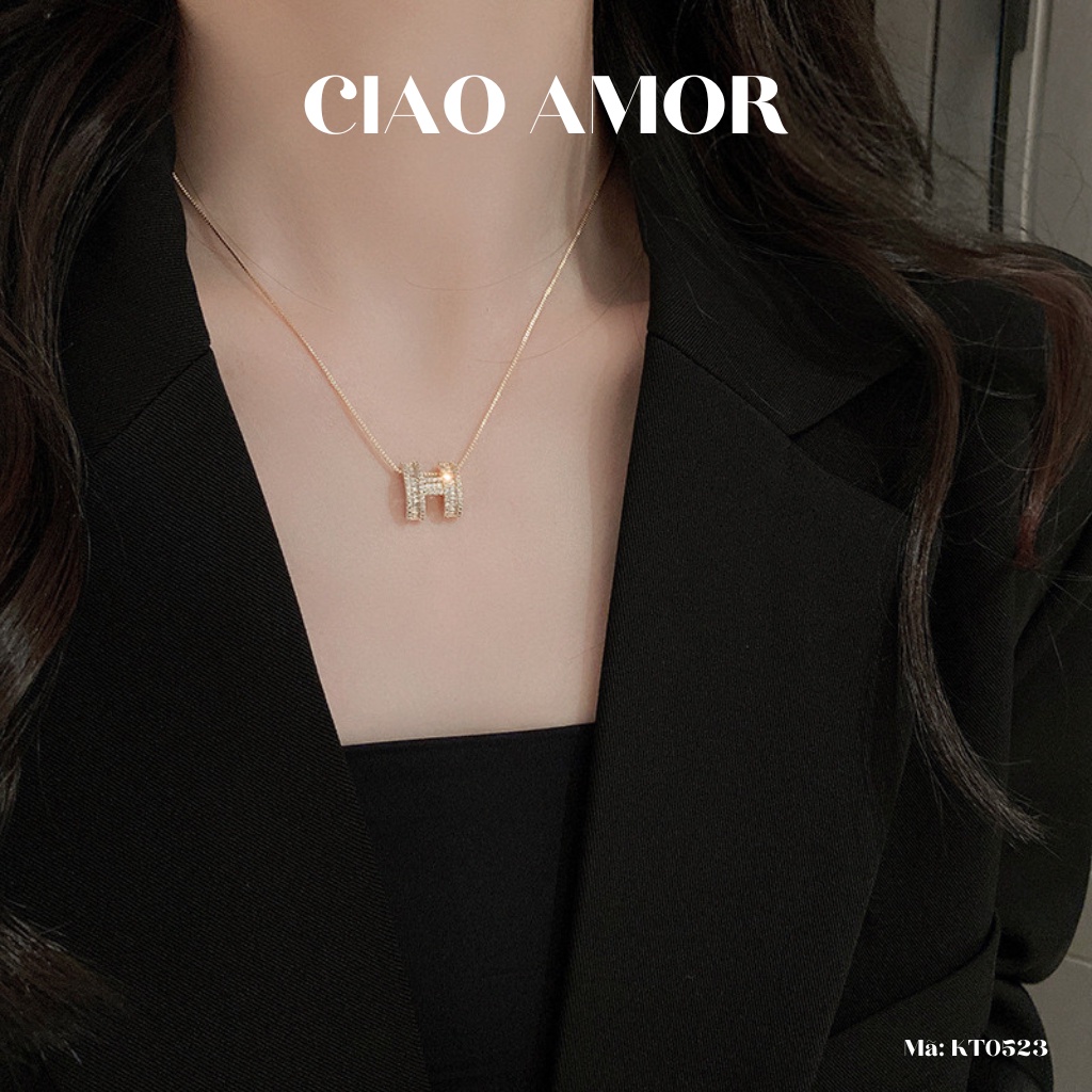 Set Khuyên tai nữ, Dây chuyền nữ chữ H đính đá lấp lánh Trang sức Ciao Amor - KT0523