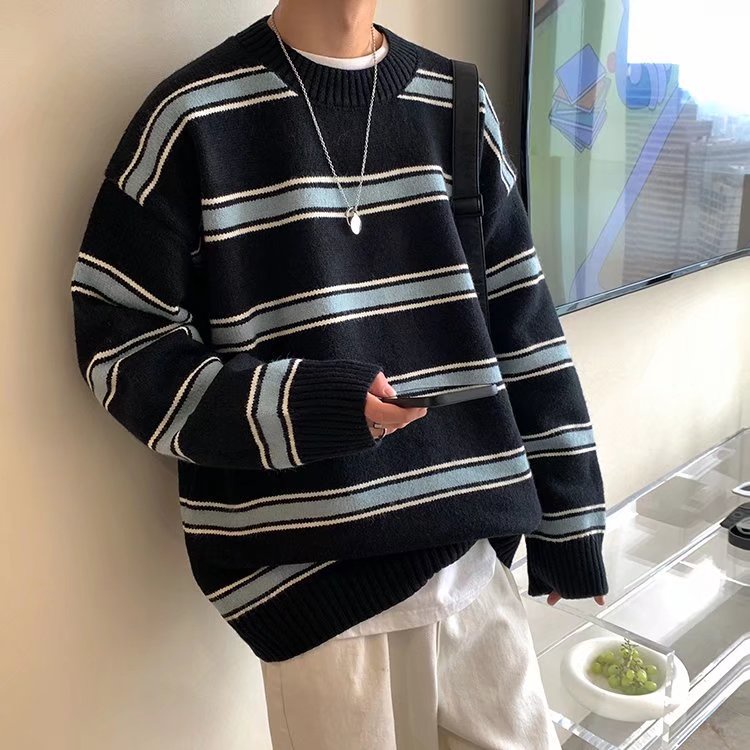 Áo Sweater Dệt Kim Cổ Tròn Tay Dài Dáng Rộng Kẻ Sọc Kiểu Hàn Quốc Thời Trang Thu Đông Cho Nam