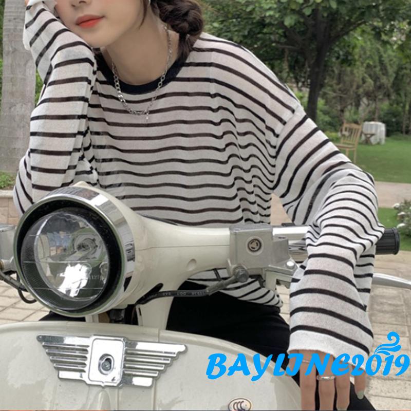 Áo Thun Nữ Dài Tay Cổ Tròn Họa Tiết Sọc Ngang Trẻ Trung Hợp Thời Trang