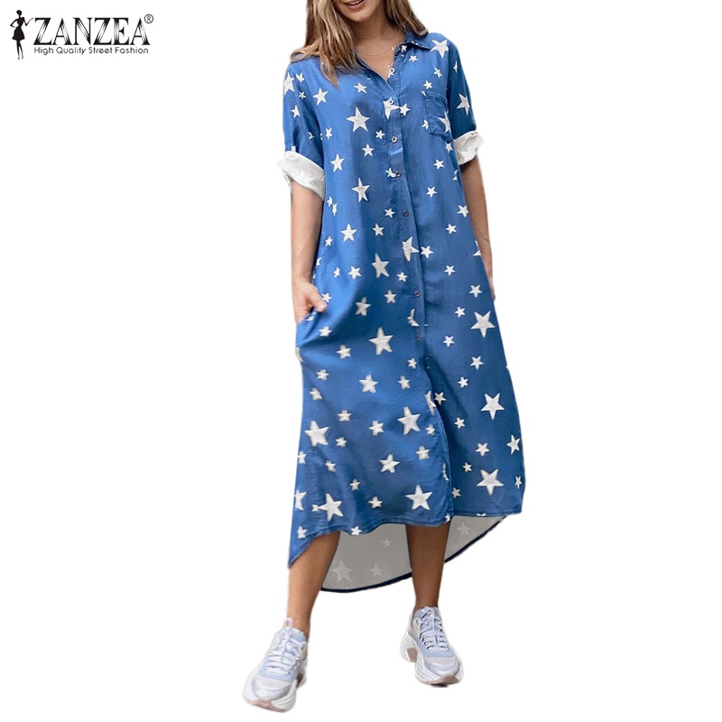 Đầm maxi Zanzea dài tay in họa tiết ngôi sao thời trang dành cho nữ