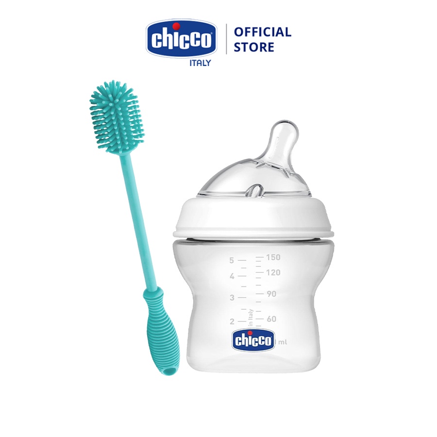 Combo Bình sữa núm nghiêng Pisa Natural Feeling 0M+150ml &amp; Cọ rửa bình sữa và phụ kiện silicone Chicco