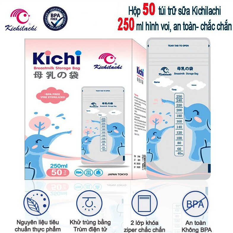 Hộp 50 túi trữ sữa mẹ 250ml KICHILACHI KICHI K50V K50 (Công nghệ Nhật)