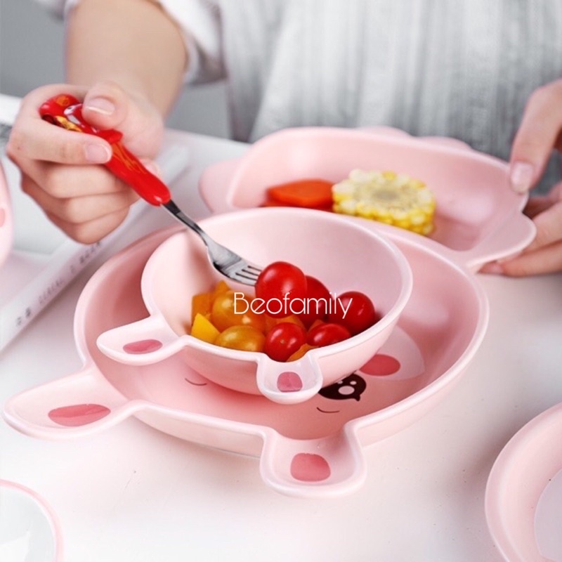 Bộ Đĩa Khay Ăn Dặm 2 Ngăn Hình Thỏ Hồng To , Đĩa Trang Trí Hình Thỏ Cao Cấp - Beofamily