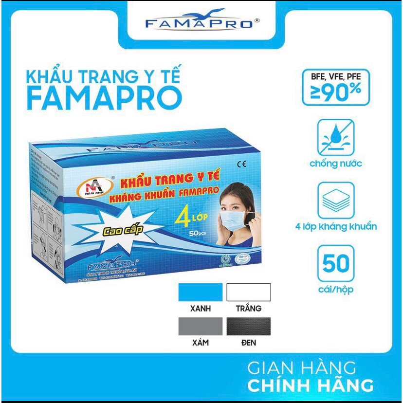 [GIÁ TẠI XƯỞNG] Khẩu trang y tế FAMAPRO xanh,xám,trắng 4 lớp,loại 1 ( 50 chiếc). Tác Dụng Kháng Khuẩn,Lọc Khói Bụi Độc.