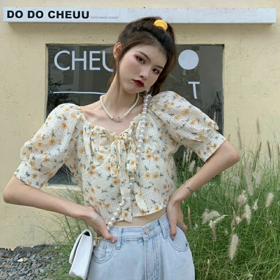 áo croptop Cổ Phiếu Sẵn Sàng  Áo Sơ Mi Tay Ngắn Phồng Họa Tiết Hoa Thời Trang Xu Hướng Mới Cho Nữ JL-TX-174