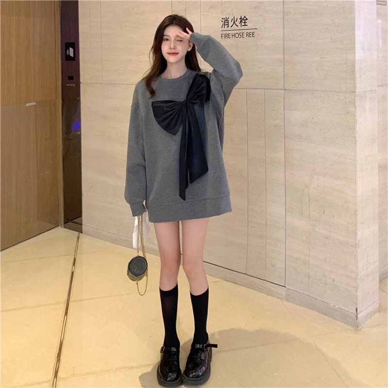 Áo nỉ phối nơ dày dặn dễ thương ulzzang Hàn Quốc
