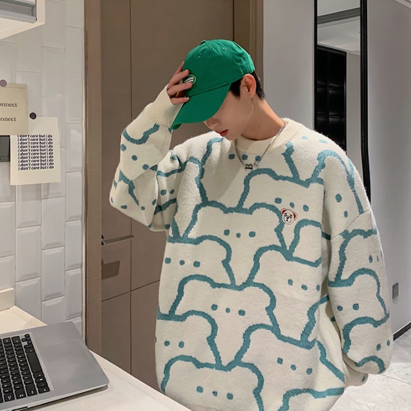 Áo sweater dáng rộng in hoạt hình gấu phong cách Hàn Quốc thời trang thu đông cho các cặp đôi