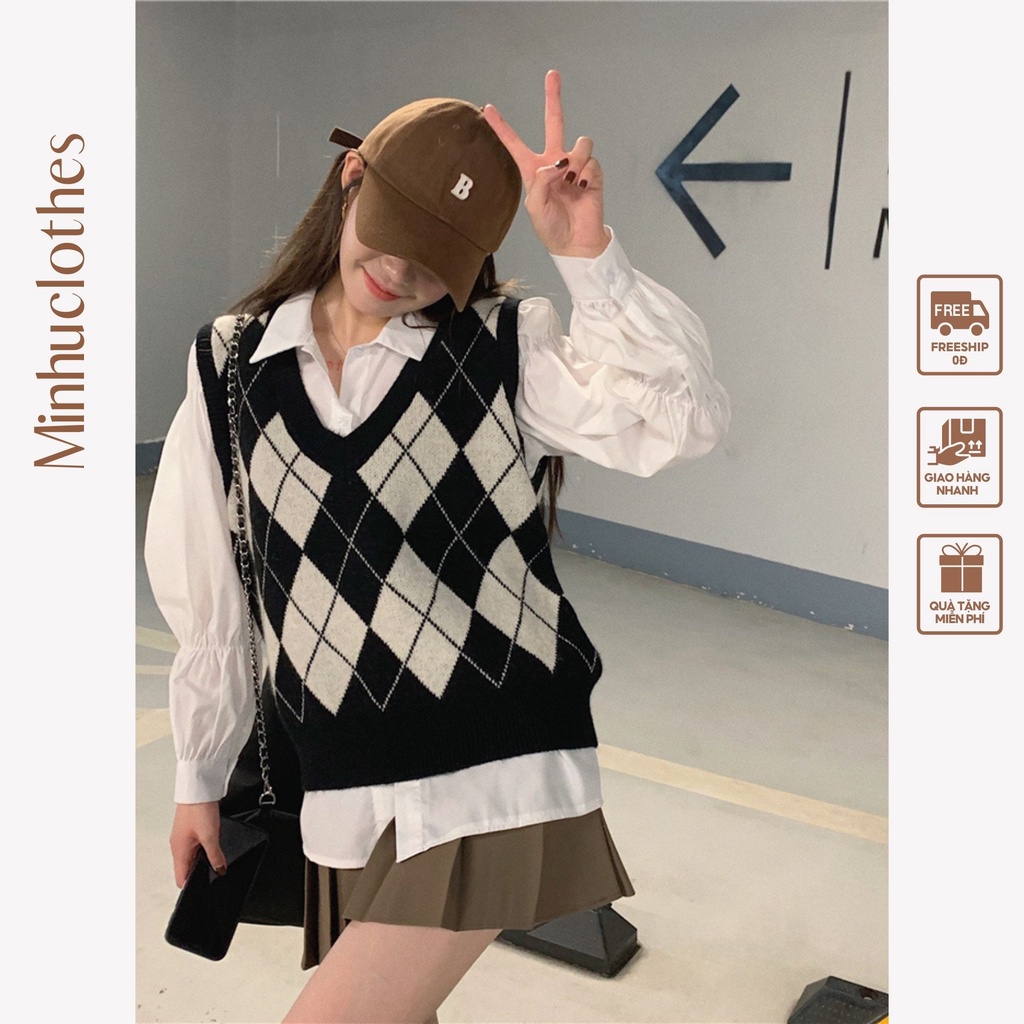Áo gile len nữ ulzzang họa tiết ô trám chất len dệt kim đẹp áo len không tay cá tính - AL12 (sẵn)