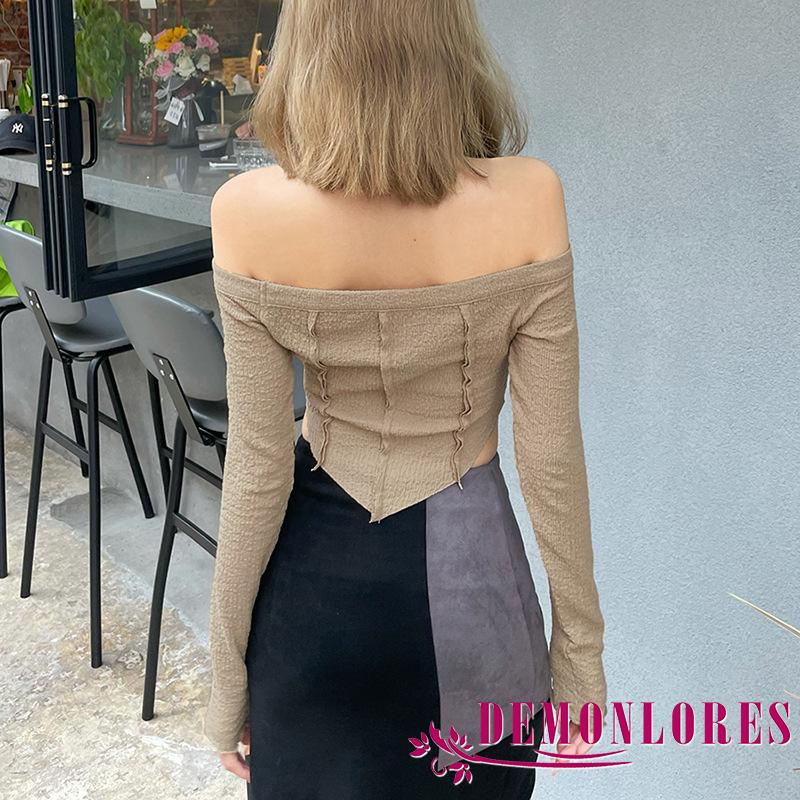 Áo thun hở vai dài tay khoe eo màu trơn quyến rũ thời trang cho nữ