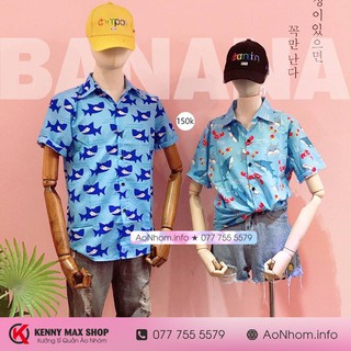 Áo Sơ Mi Đi Biển - Cá Mập Xanh - Đủ Size Nam Nữ, Áo Đôi Nhóm Lớp Team Building, Hoạ Tiết Hoạt Hình #AA