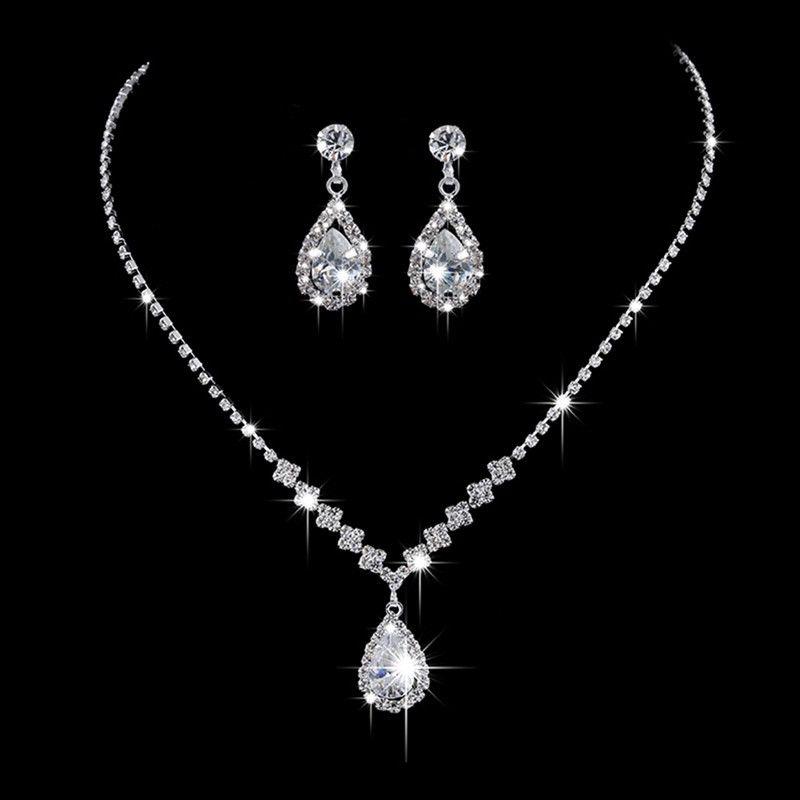 Set vòng cổ + bông tai hình giọt nước đính đá pha lê lấp lánh cho nữ