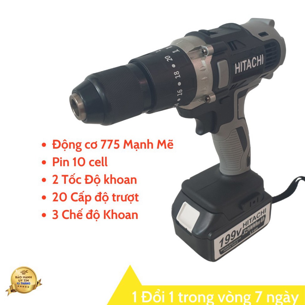 Áy khoan pin 118V Hitachi 3 chức năng có búa - Động cơ 775 siêu mạnh mẽ, Tặng 21 chi tiết ...