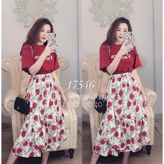 Set áo thun đỏ chân váy hoa dễ thương