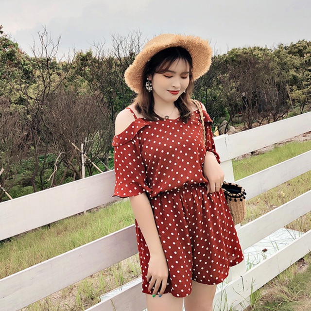 Jumpsuit rớt vai chấm bi cao cấp size ngoại cỡ cho người béo mập 65-100kg